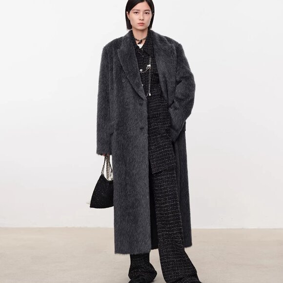 CHICJOC Long Tailored Alpaca Wool Coat Melange Dark Gray Size 36 - Picture 4 of 16